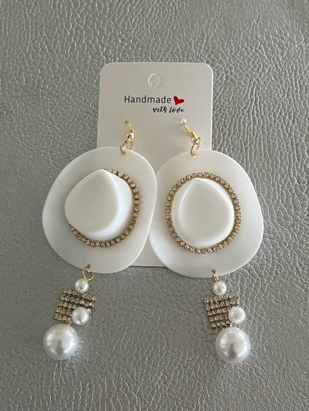 Handmade White Cowboy Hat Statement Drop Earrings with Pearls and Rhinestones